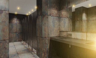 Umumi tuvaletteki paslanmaz çelik bir lavabo manzarası. Paslı seramik fayanslar... 3D işleme. Gün batımı