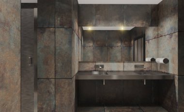 Umumi tuvaletteki paslanmaz çelik bir lavabo manzarası. Paslı seramik fayanslar... 3D görüntüleme