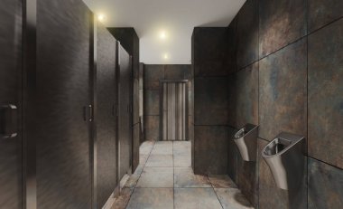 Umumi tuvalette kulübeler. Paslanmaz çelik pisuarlar. Paslı fayans. Endüstri kurutucusu. 3B görüntüleme