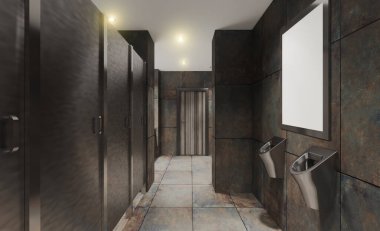 Umumi tuvalette kulübeler. Paslanmaz çelik pisuarlar. Paslı fayans. Endüstri kurutucusu. 3 boyutlu görüntüleme. Modelleme. Boş resimler