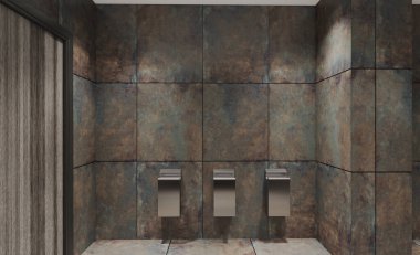 Umumi tuvalette kulübeler. Paslanmaz çelik pisuarlar. Paslı fayans. Endüstri kurutucusu. 3B görüntüleme