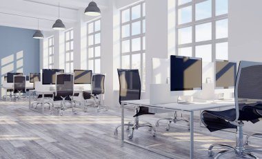 3D görüntüleme, büyük ofis. Açık alan. panoramik pencereler. parlak renkler.