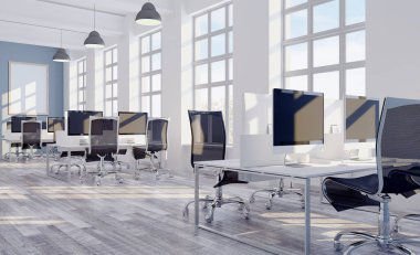 3D görüntüleme, büyük ofis. Açık alan. panoramik pencereler. Parlak renkler, Mockup resmi.