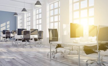 3D görüntüleme, büyük ofis. Açık alan. panoramik pencereler. Parlak renkler... günbatımı