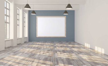 3D görüntüleme, boş ofis alanı. Açık alan. Mavi tonlu duvarlar, Mockup resmi.