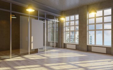 Açık uzay ofisi, koyu gri duvarlar, ahşap zemin, sıra sıra tahta bilgisayar masaları ve beyaz sandalyeler. modelle.. 3 boyutlu görüntüleme