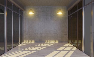 Bir ofis binasında cam bölmeler. beton duvarlar. açık alan.. 3B görüntüleme