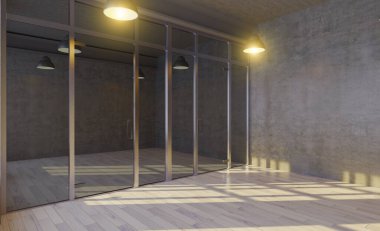 Bir ofis binasında cam bölmeler. beton duvarlar. açık alan.. 3B görüntüleme