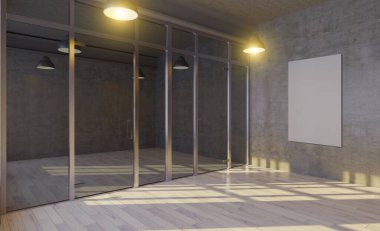 Büyük boş duvarlı ofis koridoru ve beton duvarlı ve zemin dekorasyonlu sıra sıra konferans odaları. Model... 3D görüntüleme. Boş tablolar