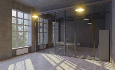 Üzerinde siyah duvar olan açık bir uzay ofisinin yan görüntüsü, üzerinde bilgisayar olan bir sürü masa ve ahşap döşeme.