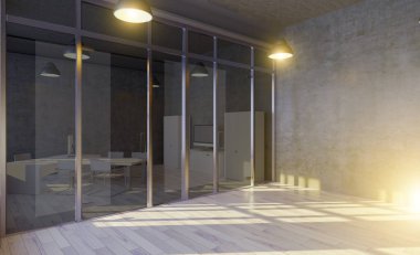 Üzerinde siyah duvar olan açık bir uzay ofisinin yan görüntüsü, üzerinde bilgisayar olan bir sürü masa ve ahşap döşeme. Gün batımı