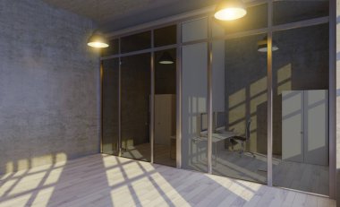 Üzerinde siyah duvar olan açık bir uzay ofisinin yan görüntüsü, üzerinde bilgisayar olan bir sürü masa ve ahşap döşeme.