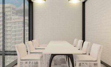 Akşam şehrinin arka planında açık alan olan ofis. Buluşma odası modern tarzda. Tuğla duvarlar Büyük panoramik pencereler... 3D görüntüleme.