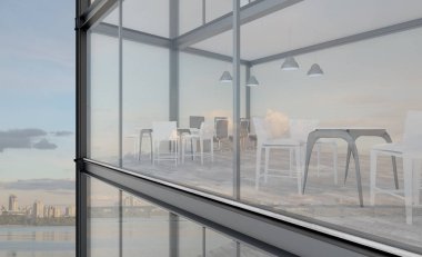 Akşam şehrinin arka planında açık alan olan ofis. Buluşma odası modern tarzda. Tuğla duvarlar Büyük panoramik pencereler... 3D görüntüleme.