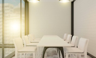 Akşam şehrinin arka planında açık alan olan ofis. Buluşma odası modern tarzda. Tuğla duvarlar Büyük panoramik pencereler... 3 boyutlu görüntüleme. Gün batımı.