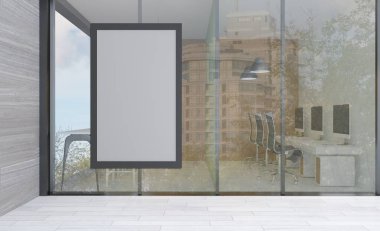 Büyük bir iş merkezindeki ofisler. panoramik cam duvarlar. Modern tasarım. Toplantı odası. 3D görüntüleme... Boş resimler