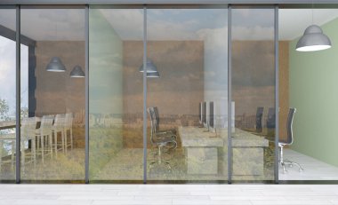 Büyük bir iş merkezindeki ofisler. panoramik cam duvarlar. Modern tasarım. Toplantı odası. 3B görüntüleme.