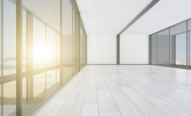 Panoramik pencereli büyük iş merkezi. Modern tasarım. Açık alan, toplantı odası. 3B görüntüleme... günbatımı