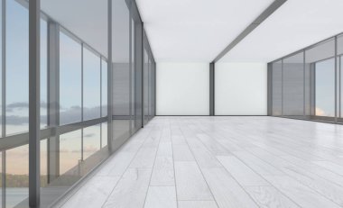 Panoramik pencereli büyük iş merkezi. Modern tasarım. Açık alan, toplantı odası. 3B görüntüleme.