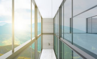 Panoramik pencereli büyük iş merkezi. Modern tasarım. Açık alan, toplantı odası. 3B görüntüleme... günbatımı