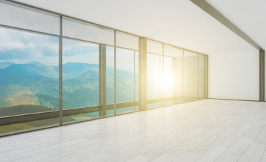 Panoramik pencereli büyük iş merkezi. Modern tasarım. Açık alan, toplantı odası. 3B görüntüleme... günbatımı