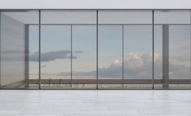 Panoramik pencereli büyük iş merkezi. Modern tasarım. Açık alan, toplantı odası. 3B görüntüleme.