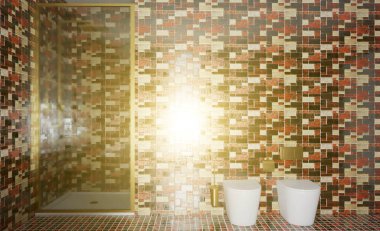 Geniş bir banyo, ısıtmalı zemini ve serbest küveti var. 3B görüntüleme... günbatımı