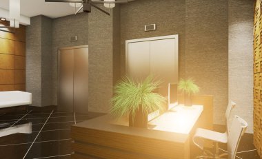 Resepsiyon küçük bir iş merkezidir. Kapalı alan. Paslanmaz çelik asansör kapıları. beton ve ahşap duvarlar. 3 boyutlu görüntüleme. Gün batımı