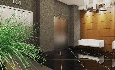 Resepsiyon manzarası. Monitörlü büyük sekreter masası. Ziyaretçiler için beyaz deri kanepe. Asansör salonu... 3D görüntüleme.