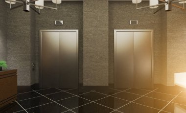 Büyük resepsiyon şirketi ve iş merkezi. Ziyaret için kanepeler. Tahta paneller ve beton levhalardan yapılmış duvarlar. Gün batımı