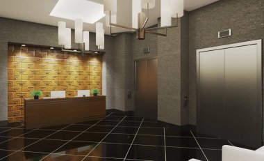 Büyük resepsiyon şirketi ve iş merkezi. Ziyaret için kanepeler. Tahta paneller ve beton levhalardan yapılmış duvarlar.