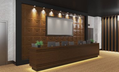 Büyük bir iş merkezinde resepsiyon. Monitörlerle. Tahta panelli tasarım. Minimalizm. / 3D canlandırma... model. Boş resimler