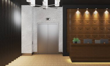 Büyük bir iş merkezinde resepsiyon. Monitörlerle. Tahta panelli tasarım. minimalizm. / 3D görüntüleme.
