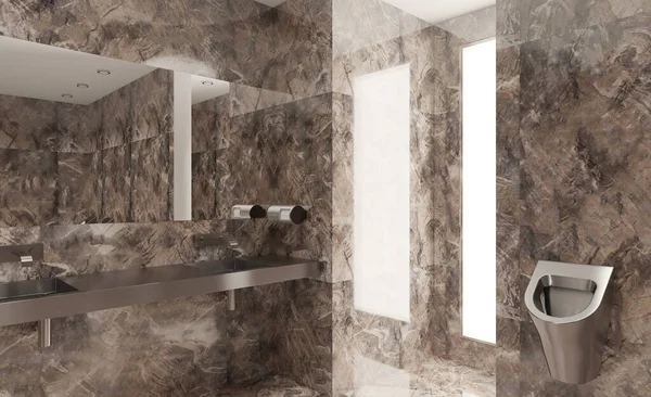 Öffentliche Toilette Mit Marmorwänden Und Böden Waschbecken Und Pissoirs Aus — Stockfoto