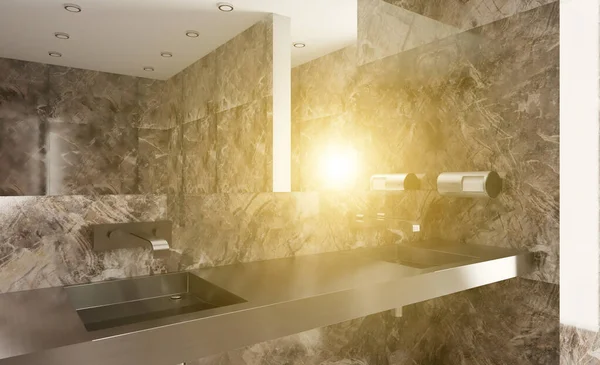 Mermer duvarları ve zemini olan umumi tuvalet. Paslanmaz çelik lavabo ve pisuarlar. 3 boyutlu görüntüleme. Gün batımı