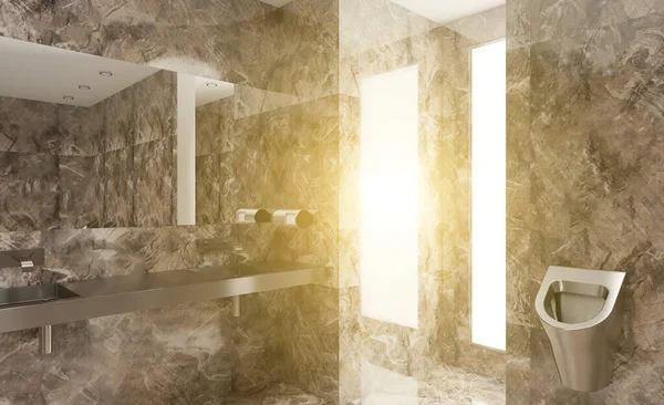 Mermer duvarları ve zemini olan umumi tuvalet. Paslanmaz çelik lavabo ve pisuarlar. 3 boyutlu görüntüleme. Gün batımı