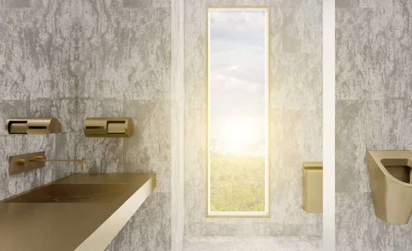 Öffentliche Toilette Urinale Und Waschbecken Aus Metall Rendering Sonnenuntergang — Stockfoto