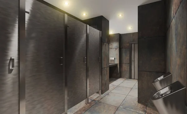 Cabines Dans Les Toilettes Publiques Urinoirs Acier Inoxydable Carrelage Rouillé — Photo