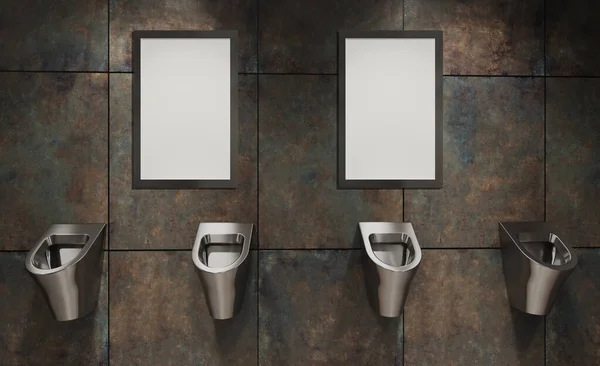 公衆トイレのキャビン ステンレス製の尿管 錆びたタイルだ 工業用乾燥機 3Dレンダリング モックアップ 空の絵画 — ストック写真