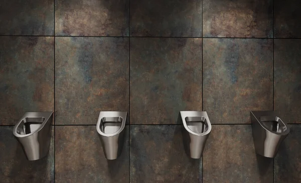 Cabins in a public toilet. Stainless steel urinals. Rusty tile. Industrial dryer. 3D rendering