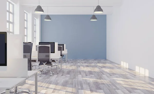3Dレンダリング 大規模なオフィス オープンスペース パノラマの窓 明るい色 — ストック写真