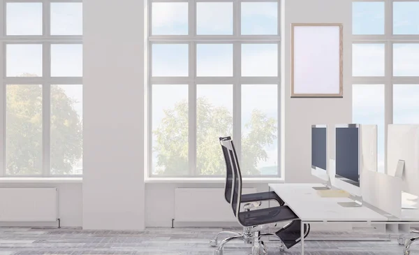 3D rendering, Manager workplace in a large office. open space. bright hues. panoramic windows overlooking the city., Mockup picture