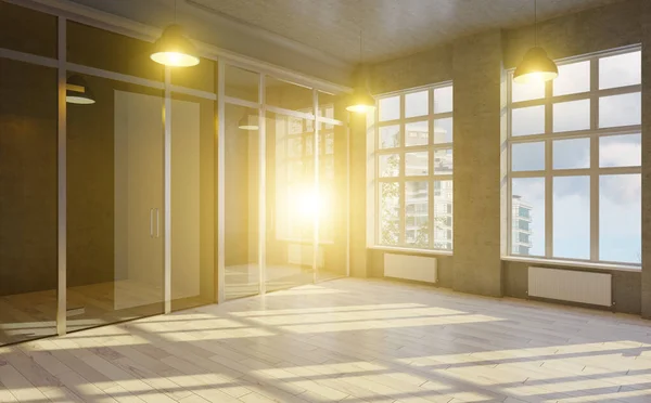 Büroräume Eines Alten Gebäudes Glasscheiben Retro Fenster Rendering Sonnenuntergang — Stockfoto