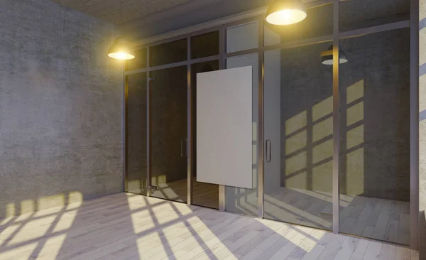 コンクリート壁や床の装飾と会議室の大規模な空白の壁と行を持つオフィスの廊下 3Dレンダリングだ — ストック写真
