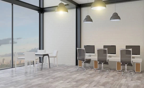 office with open space on the background of the evening city. meeting room in a modern style. Brick walls. large panoramic windows.. 3D rendering.