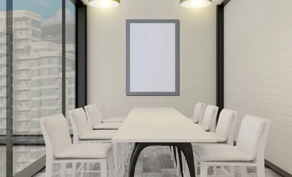 office with open space on the background of the evening city. meeting room in a modern style. Brick walls. large panoramic windows.. 3D rendering. Blank paintings.  Mockup.