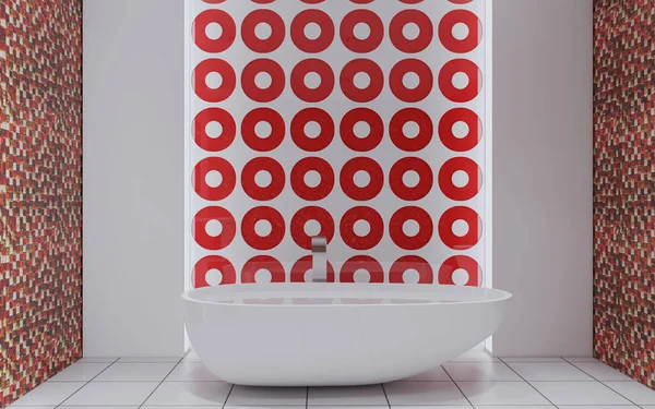 Łazienka Czerwonymi Białymi Płytkami Okrągłe Dekoracje Ścianach Wisząca Toaleta Nowoczesne — Zdjęcie stockowe