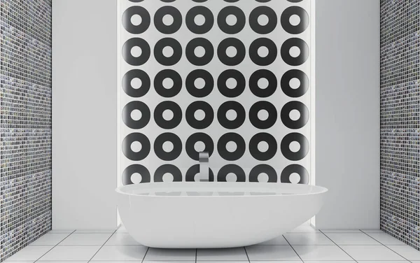Łazienka Szarymi Białymi Płytkami Okrągłe Dekoracje Ścianach Wisząca Toaleta Nowoczesne — Zdjęcie stockowe