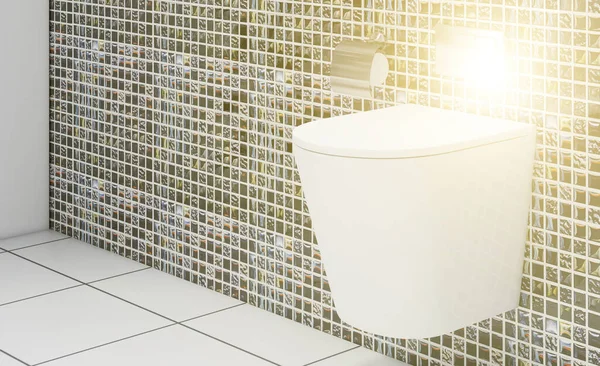 Badkamer Met Grijze Witte Tegels Ronde Decors Muren Opgehangen Toilet — Stockfoto