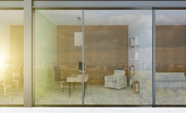 Офіси Великому Діловому Центрі Панорамні Скляні Стіни Сучасний Дизайн Кімната — стокове фото